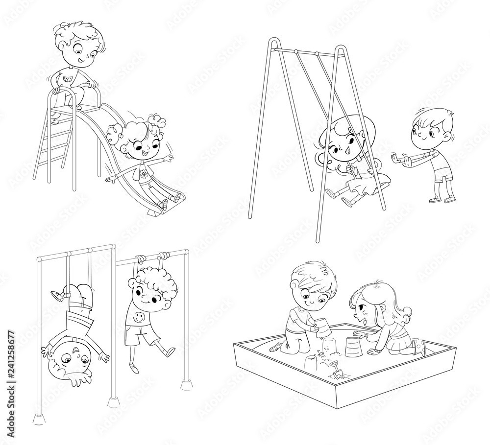 Recreation park. Playground. Kids zone. Place for games. Coloring book ...