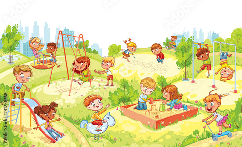 Children's entertainment complex with swing, sandbox, carousel and slides
