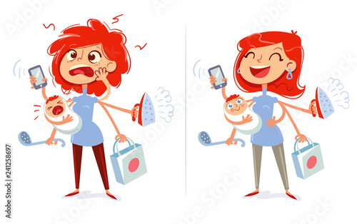 Multitasking mom and housewife. Tired and cheerful woman