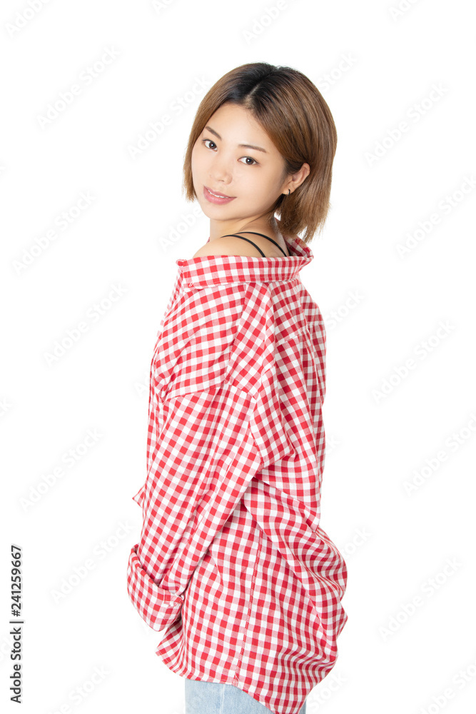 Chinese woman dressed in casual clothing isolated on white background Chinese woman dressed in casual clothing isolated on white background