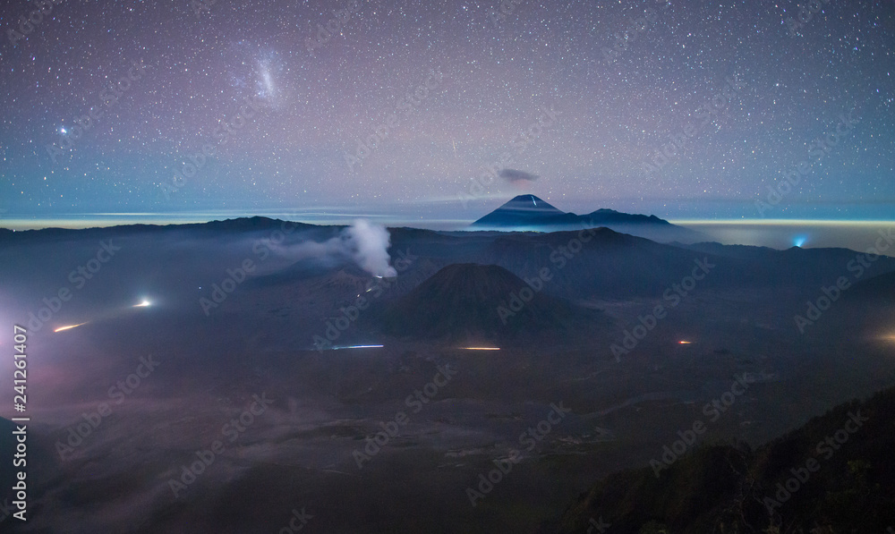 Night view of Mount Bromo an active volcano part of the Tengger massif, in East Java, Indonesia.