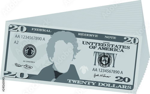 Monochrome Bunch of 20 US dollar banknote