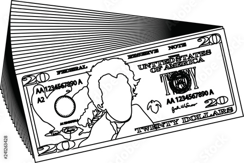 Bunch of 20 US dollar banknote outline