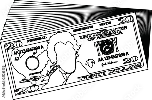 Bunch of 20 US dollar banknote outline