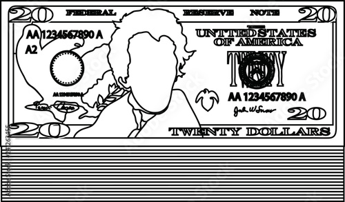 Bunch of 20 US dollar banknote outline
