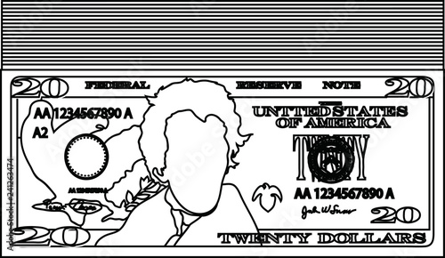 Bunch of 20 US dollar banknote outline