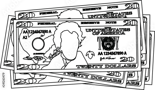 Bunch of 20 US dollar banknote outline