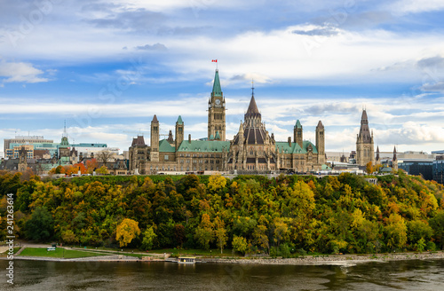 Autumn view of Parliament Hill and Ottawa River in Ottawa, Canada