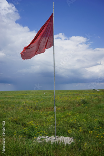 Red flag on the flagpole on the background of green grass in the steppe