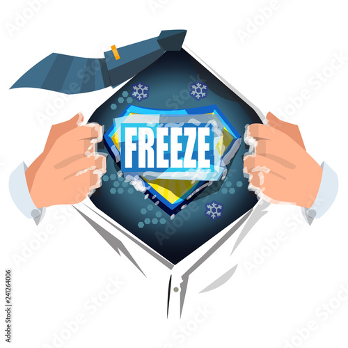 man open shirt to show "freeze" text in ice cube. typographic. comic style - vector