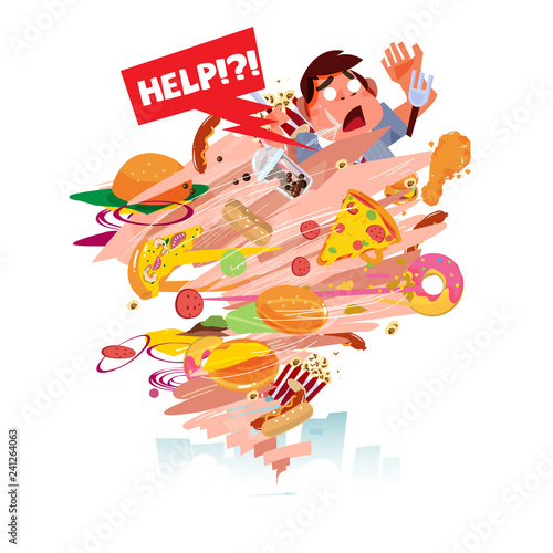 tornado of fast food with blowing fat man. getting stuck in junkfood - vector