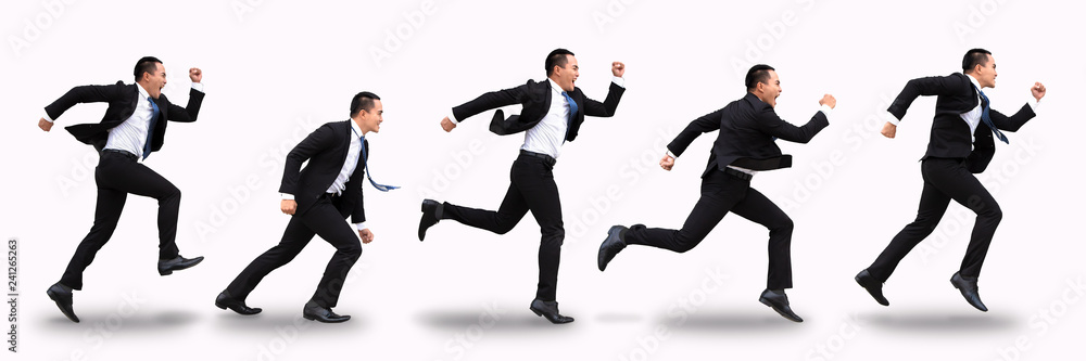 young business man running and isolated on white - obrazy, fototapety, plakaty 