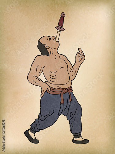The Ancient Chinese Acrobatics, Swallowing A Sword, Illustration