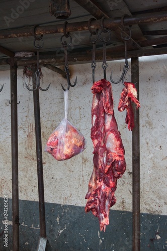Chinese muslim market, bazaar, slaughter house, selling Halal meat in Songpan Xian, Sichuan photo