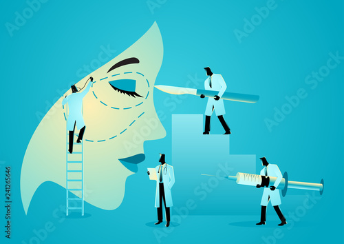 Team of doctors holding scalpels and syringes near woman face