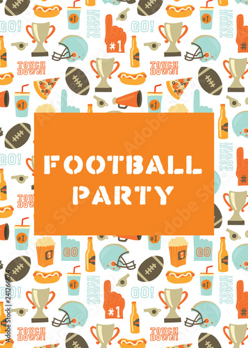 American Football party invitation card. Helmet, trophy, beer, foam finger, fast food, go and touch down lettering background. Vintage style vector design for tailgate party, super bowl, flyer, decor.