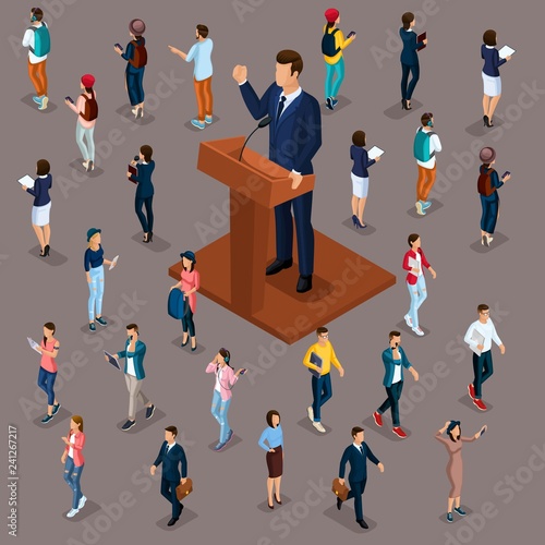 Trendy People Isometric vector 3D businessmen, people, students, teenagers, workers, meeting, voting, presidential election, speech at trebune, isolated on a dark background