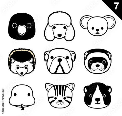Flat Animal Faces Monochrome Icon Cartoon Vector Set 7 (Pet)