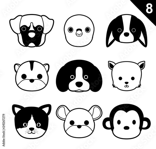 Flat Animal Faces Monochrome Icon Cartoon Vector Set 8 (Pet)