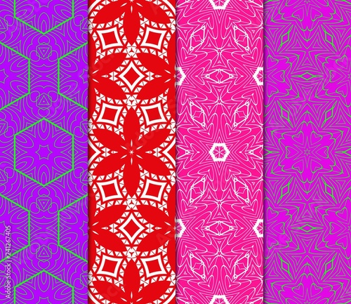 Set Of Pattern Of Abstract Geometric Flowers. Seamless Vector Illustration. For Design Greeting Cards, Backgrounds, Wallpaper, Interior Design. Tribal Ethnic Arabic, Fashion Decorative Ornament