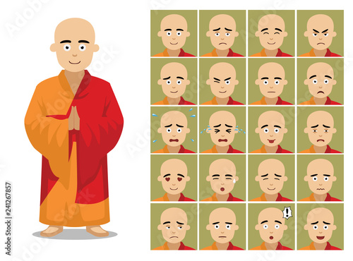 Religious Bhuddhist Monk Pray Standing Cartoon Emotion faces Vector Illustration