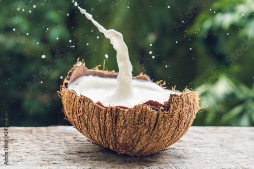 Coconut fruit and milk splash inside it on a background of a palm tree photo