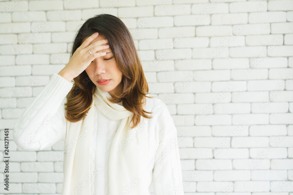 close up asian woman headache from migraine symptom , unhealthy life concept close up asian woman headache from migraine symptom , unhealthy life concept