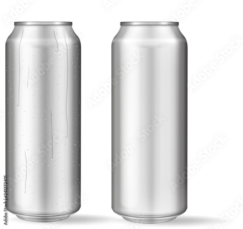 Realistic aluminum can with water drops. Metallic cans for beer, soda, lemonade, juice, energy drink. Vector mockup, blank with copy space.