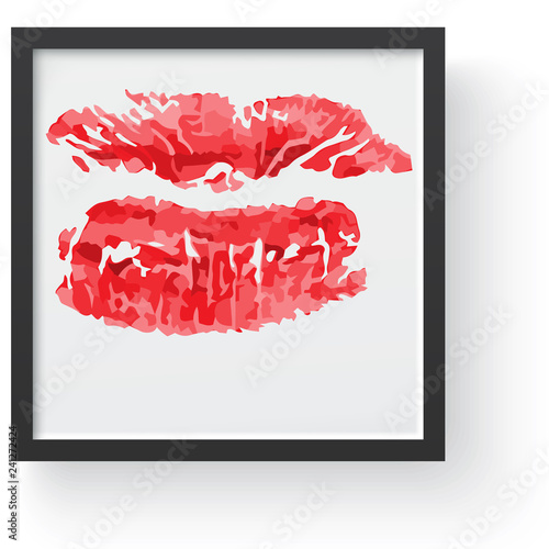 Lipstick kiss print. Female sexy red lips. Sexy lips makeup, kiss mouth, modern frame and place for text