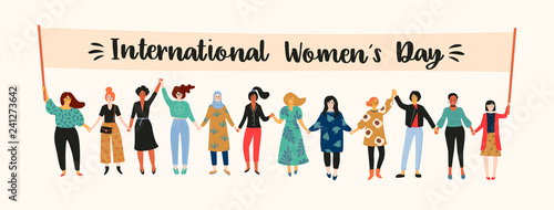International Womens Day. Vector illustration with women different nationalities and cultures.