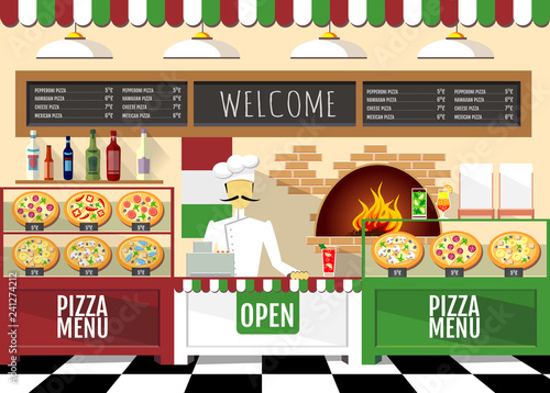 Flat style pizzeria interior
