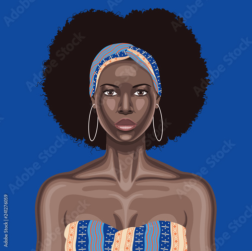 Vector portrait of young black woman with long curly hair using headband and wearing multicolor print dress 