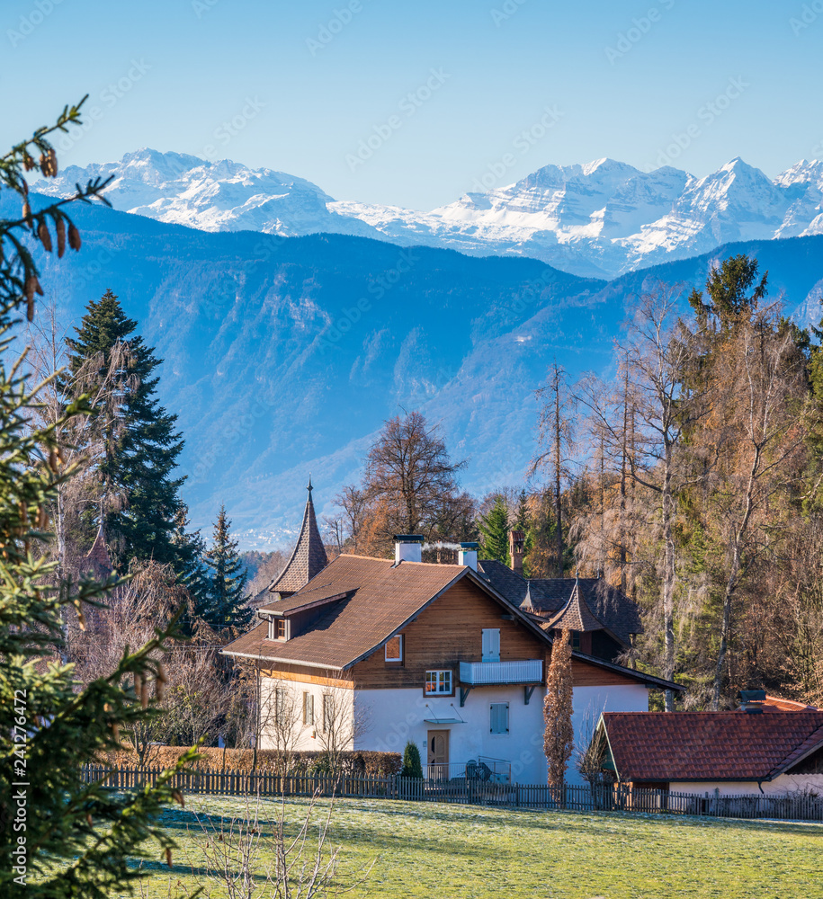 dyllic winter landscape in Soprabolzano, Trentino Alto Adige, northern Italy.