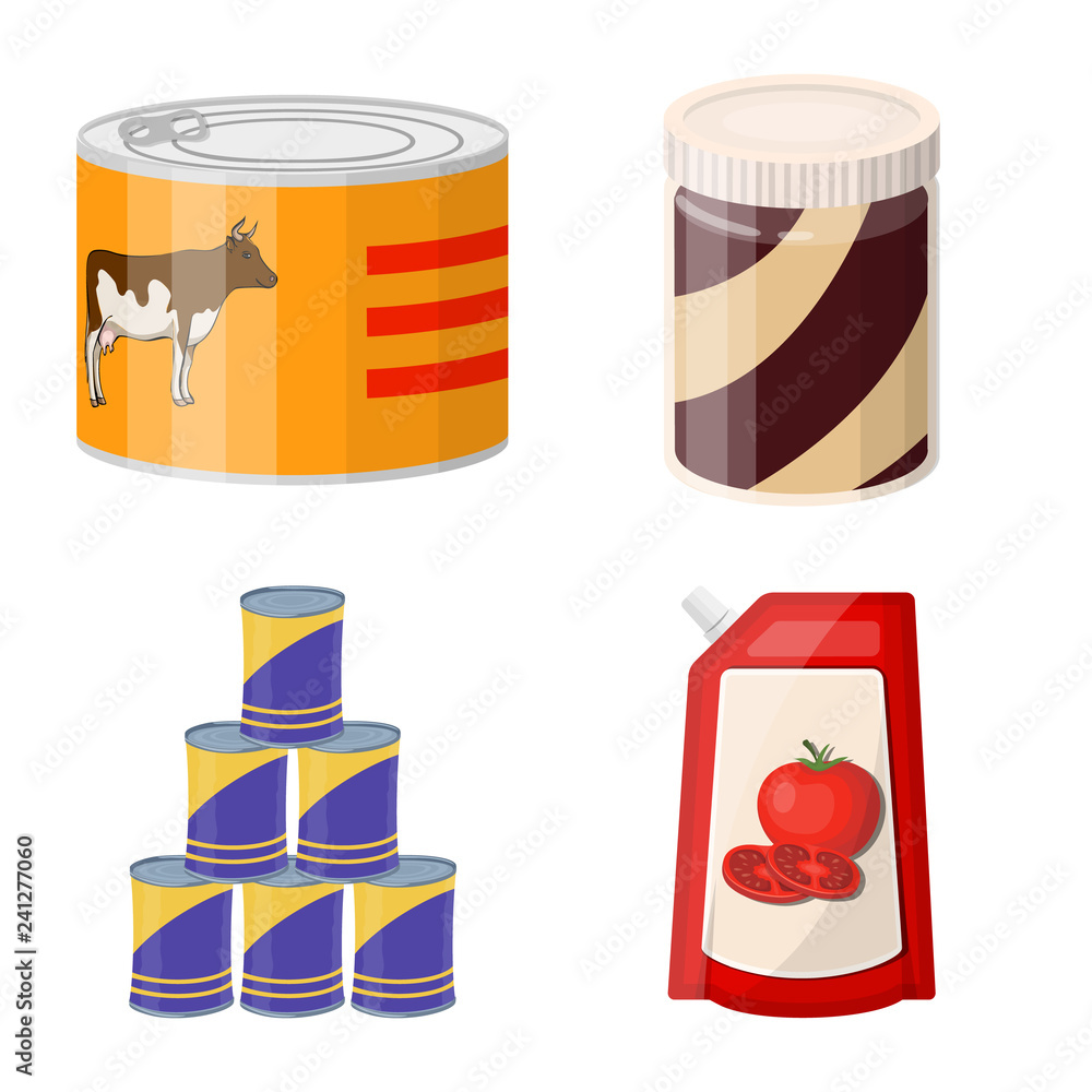 Vector design of can and food icon. Set of can and package vector icon for stock. Vector design of can and food icon. Set of can and package vector icon for stock.