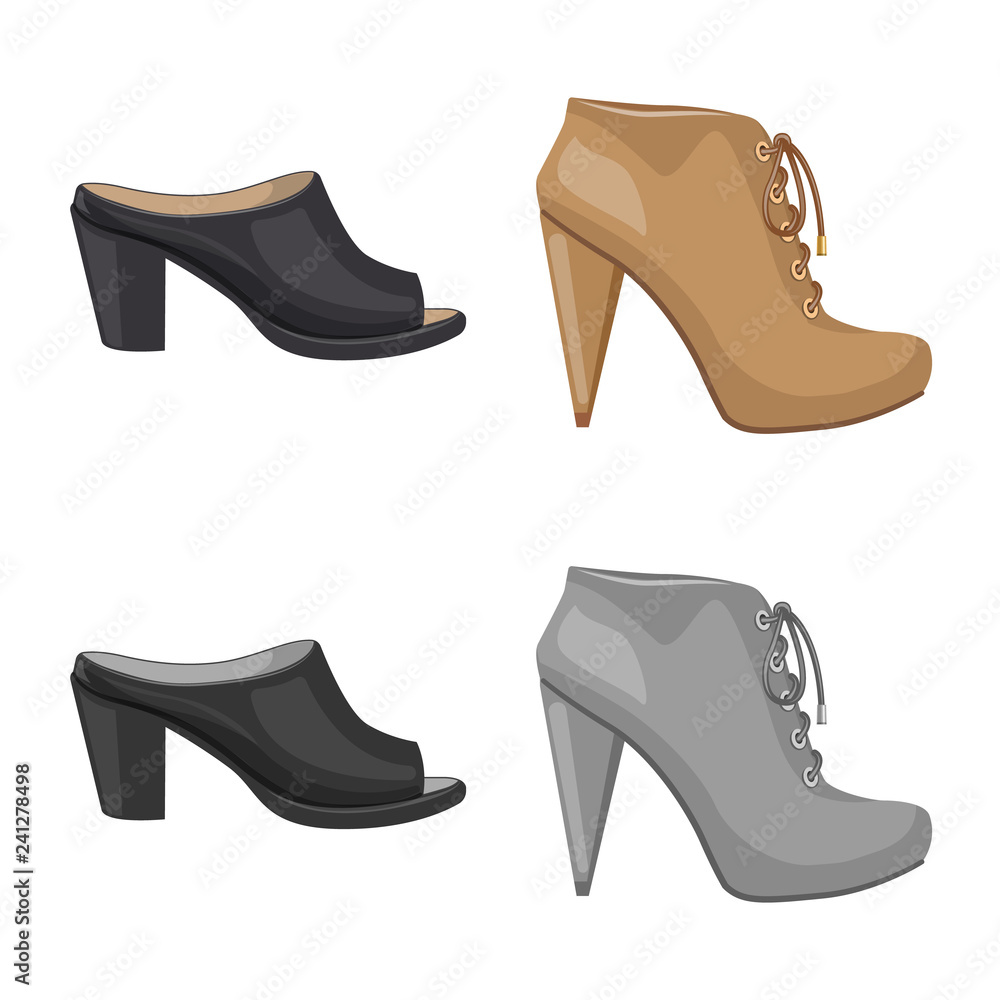 Vector illustration of footwear and woman sign. Set of footwear and foot stock vector illustration. Vector illustration of footwear and woman sign. Set of footwear and foot stock vector illustration.