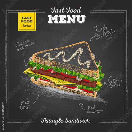 Vintage chalk drawing fast food menu. Sandwich sketch