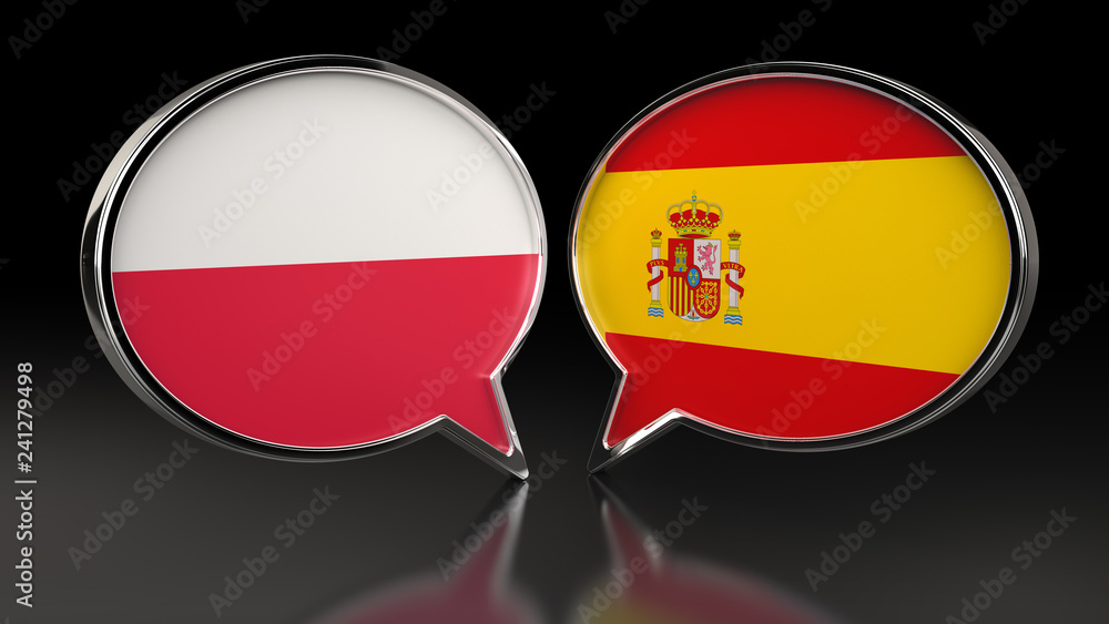 Obraz premium Poland and Spain flags with Speech Bubbles. 3D illustration