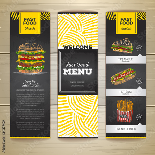 Set of vintage chalk drawing fast food menu banners. Sandwich sketch