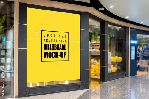 Konstfotografi Mock up vertical billboard at front of showroom in mall