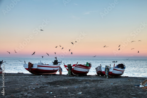 Seagulls flying over boats stranded on the beach with a dramatic background sunset, in Oued Lao, a small fishing village on the coast of the province of Chefchaouen, Morocco