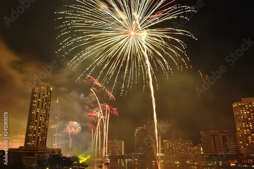 new year celebration fireworks on Cho Phraya river in Thailand