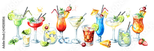 Cocktail party banner. Watercolor hand drawn illustration,  isolated on white background