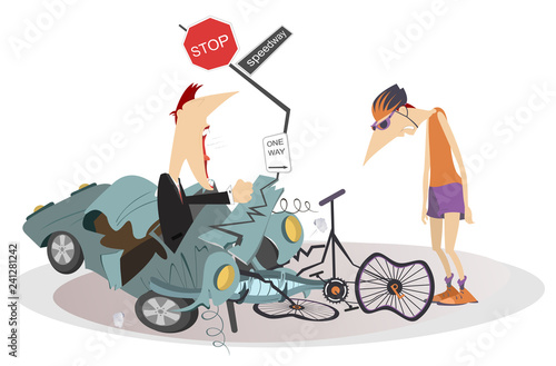 Road accident, driver, cyclist and broken bike illustration. Angry driver man swings his fists and cries to the sad cyclist isolated illustration
