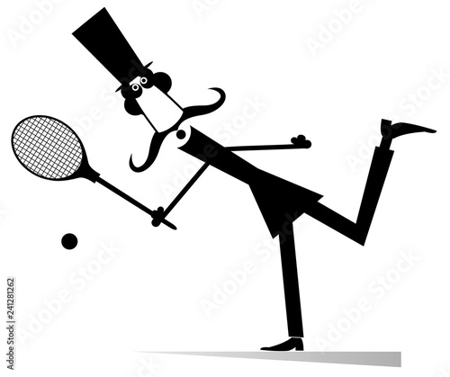 Gentleman plays tennis isolated illustration. Mustache man in the top hat plays tennis black on white  
