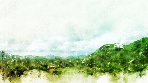 Abstract colorful mountain peak and tree landscape on watercolor illustration painting background.