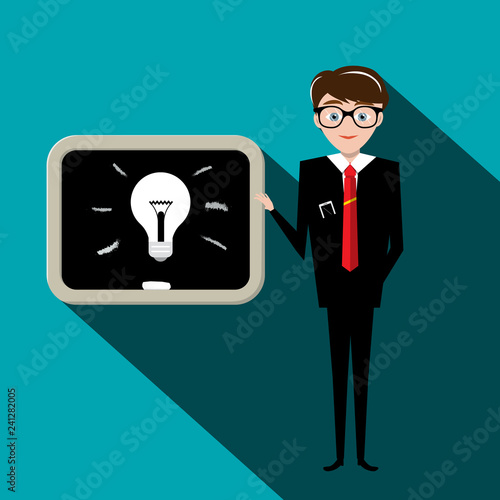 Man with Bulb on Blackboard. Teacher or Businessman Vector Flat Design Illustration. Idea Concept.