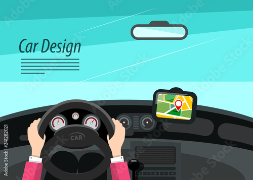 Car Interior Design with Hands on Steering Wheel and GPS Navigation - Vector