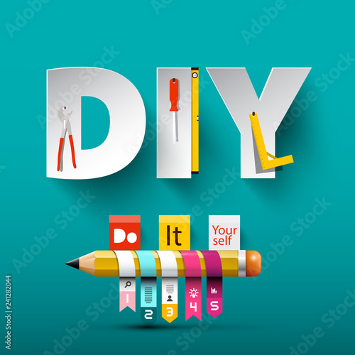 Vector Do it Yourself Design with Paper Cut Letters, Tools and Pencil.