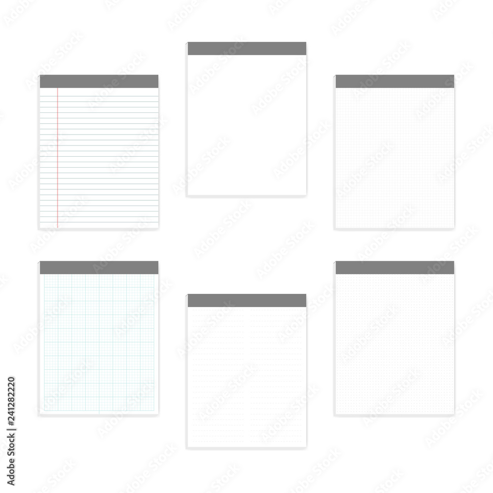 Empty white and various ruled note paper letter size block set, mockup Empty white and various ruled note paper letter size block set, mockup