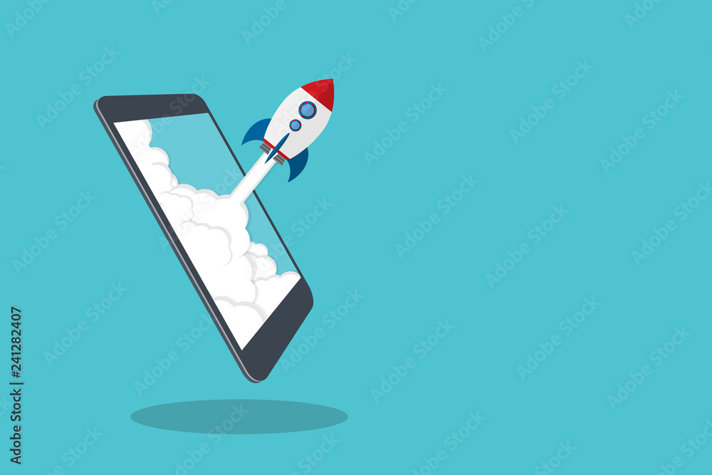 App launch. Startup vector concept, flat cartoon rocket or rocketship ...